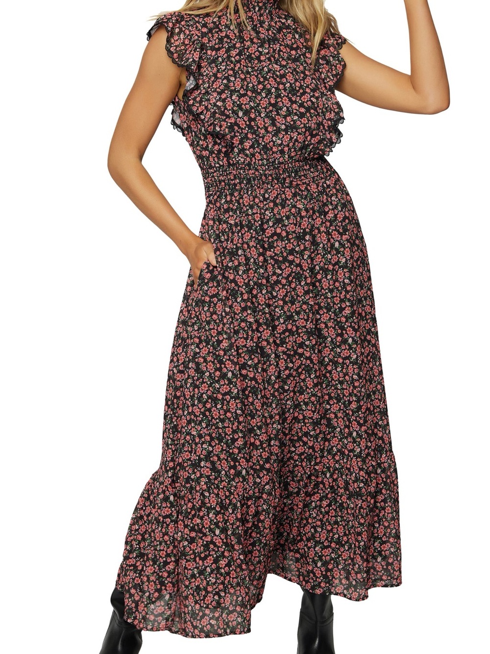 Lost + Wander Black Maxi Dress with Pink Floral Print